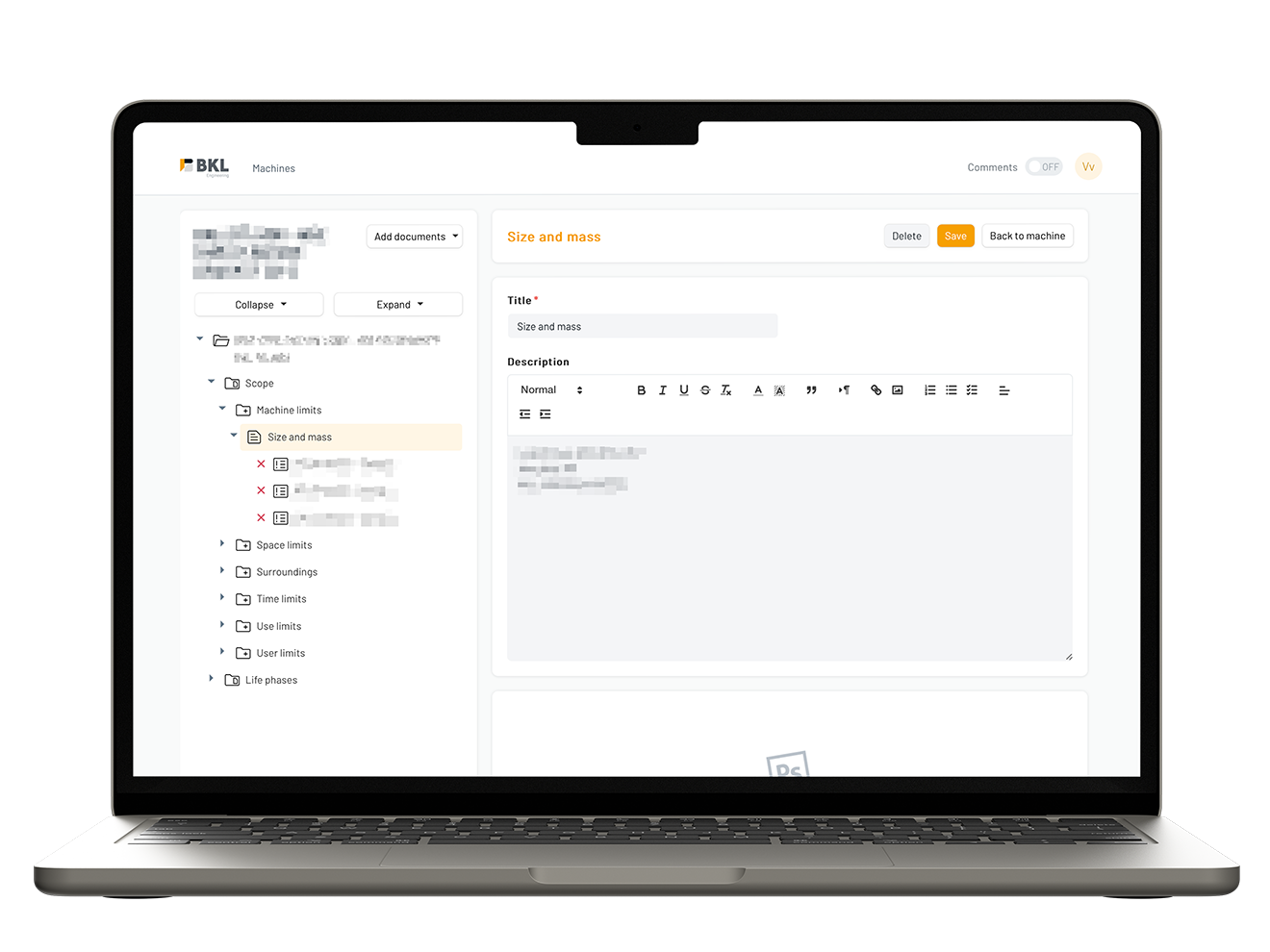 De op Frappe gebouwde low-code Machines-app van BKL in een laptop-mockup