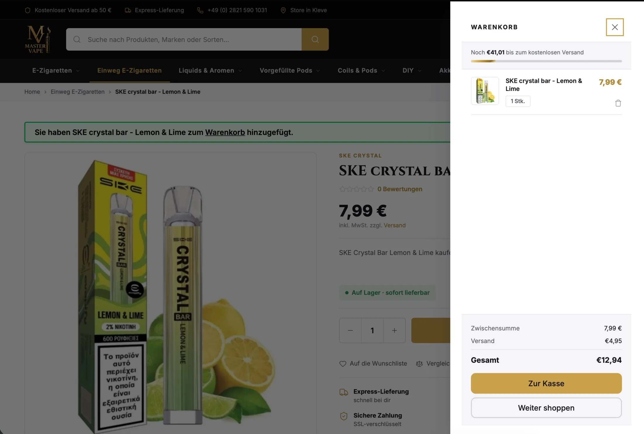 De maatwerk checkout van Master Vape, afgestemd op internationale klanten