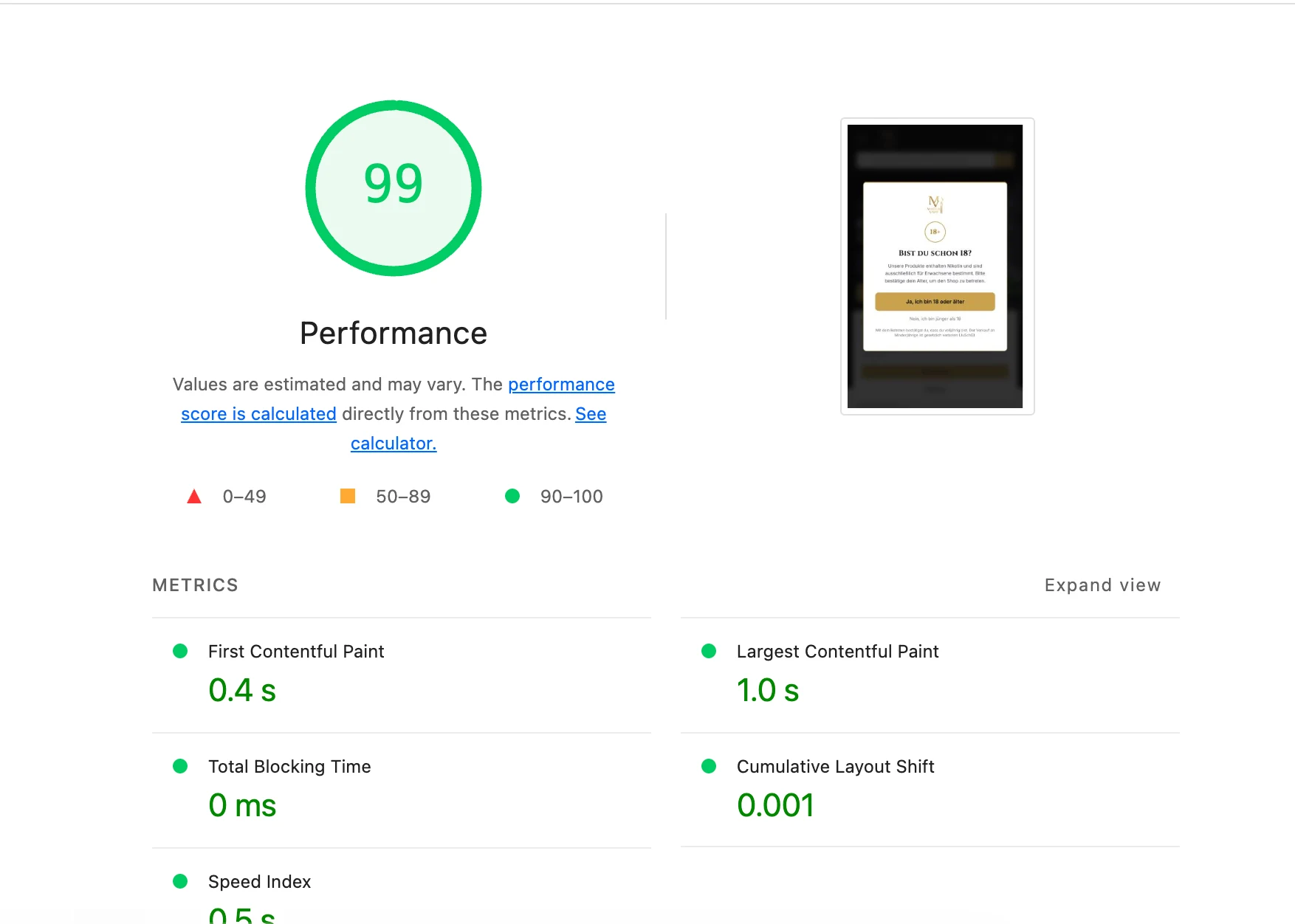 Google PageSpeed-rapport van Master Vape: score 99 met diepgroene Core Web Vitals