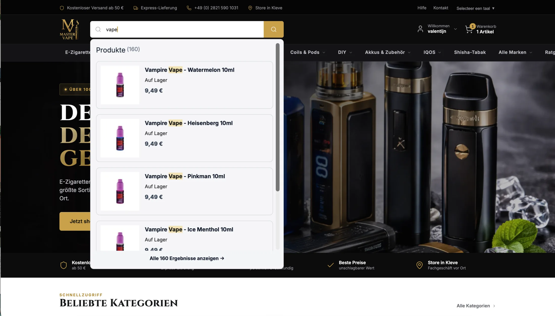 Live zoeken in de Master Vape webshop, direct resultaat als bewijs van de snelheid