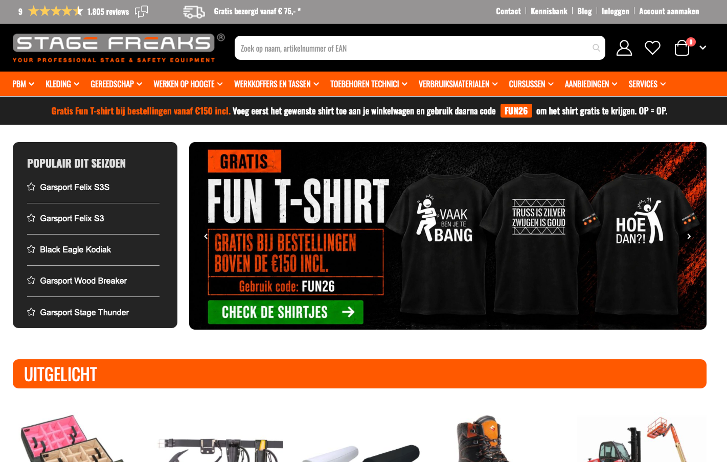 De homepage van de StageFreaks-webshop met uitgelichte producten en acties