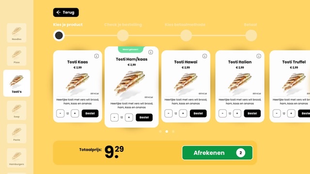 Het bestelscherm van de tosti-automaat met productkaarten, prijzen en een afrekenknop