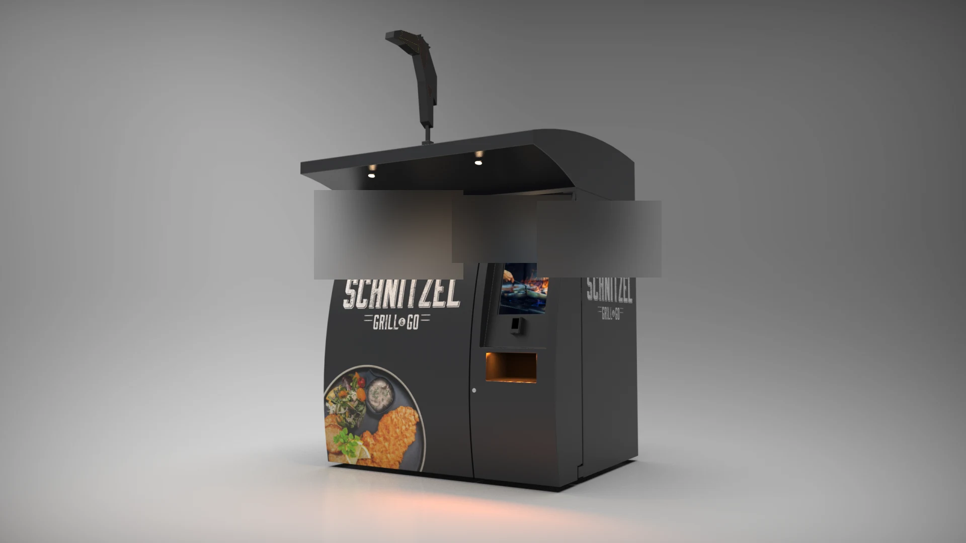 De vendingmachine voor vers bereid eten, met touchscreen en uitgifteklep